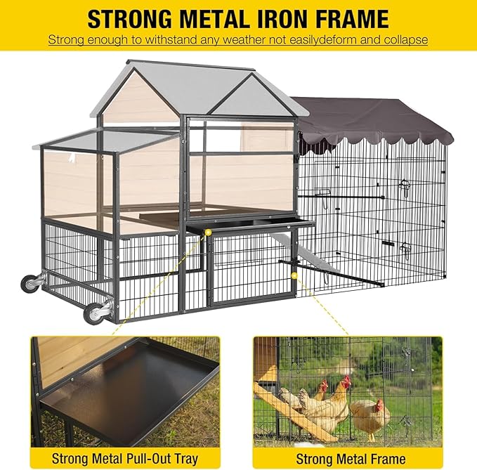 Aivituvin Chicken Coop 85" Super Large Mobile Chicken House with Strong Iron Frame Outdoor Poultry Cage with Nesting Box, Duck Coop,Waterproof Rain Cover