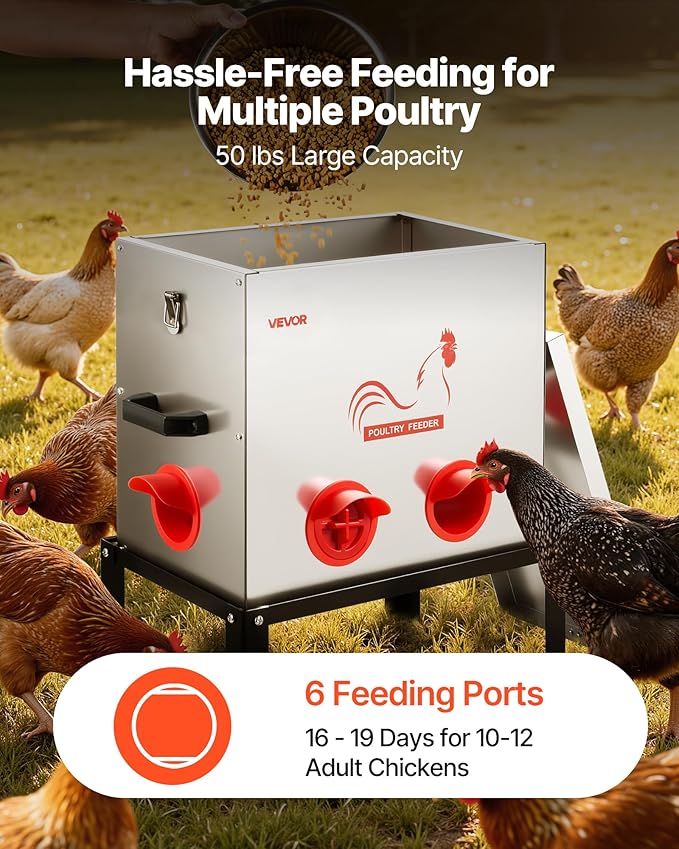 VEVOR Automatic Chicken Feeder, 50 lbs Capacity, 6 Feeding Ports No-Waste Poultry Feeder with Built-in Divider, with Latch & Handle, Metal Construction, for Chickens Bantams Pheasants Poultry Coop