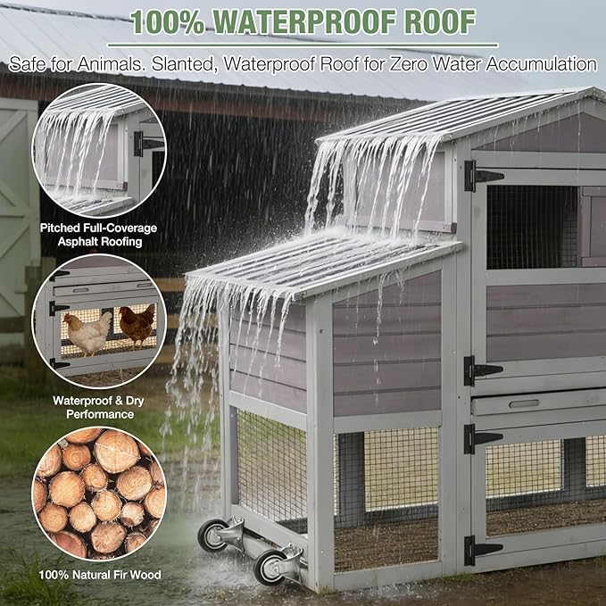 Mobile Chicken Coop with Wheels for 4-6 Chickens, Large Wooden Hen House Expandable Duck Cage with Run, 2 Nesting Boxes, Easy Clean Pull-Out Tray, Waterproof Asphalt Roof (Grey)