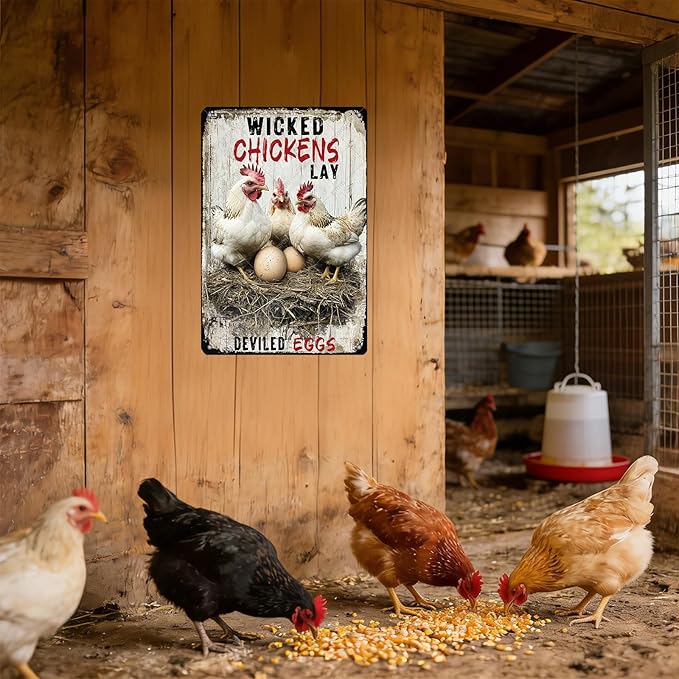 Metal Art for Outside Chickens Lay Deviled Eggs Metal Signs Vintage Room Decor Aesthetic Wall Art 16x12 Inch