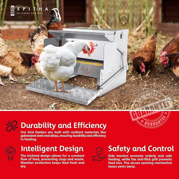Automatic Chicken Feeder-Chicken Coop Accessories 40 lbs Treadle Chicken Feeders No Waste Steel Poultry Feeder Rodent Proof Weatherproof Comederos para Gallinas Supports 8-13 Chickens 12 Day
