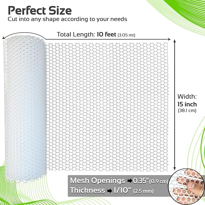 QueenBird Upgraded Plastic Chicken Wire Fence Mesh - 15.7IN x 10FT- Black/Green/White Colors - Hexagonal Fencing for Gardening - Poultry Netting, Floral Netting, Plastic Chicken Wire Mesh Roll (White)