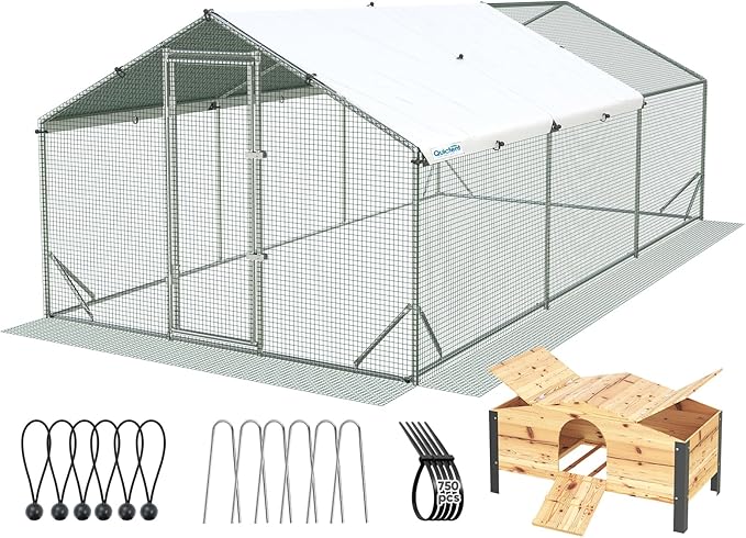 Quictent Advanced Series 18x9 ft Metal Chicken Coop Run with Wooden Nesting Box, Large Walk-in Outdoor Poultry Cage Heavy Duty Predator Proof Hen Duck Rabbit Farm Pen House, Waterproof Anti-UV Cover