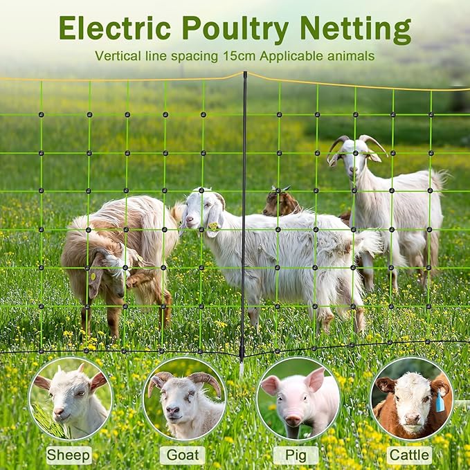Solar Electric Fence for Poultry, 164'L x 35.4" H Electric Anti-Predator Poultry Fence, Electric Animals Netting, 14 Posts Double Spiked, for Goats, Sheep, Hogs, Farms, Ranches