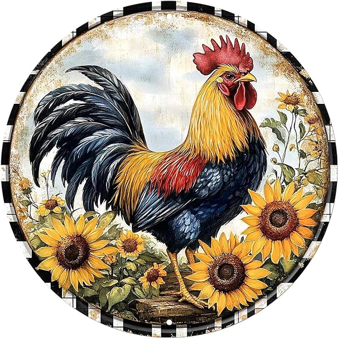 Chicken Round Metal Tin Sign Wreath Rustic Farm Rooster Animal Vintage Wall Art Decor for Home Kitchen Bar Decor 12x12inch