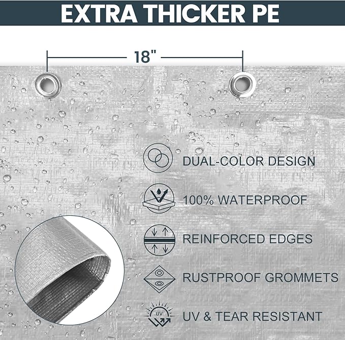 TICONN Heavy Duty Tarp Cover, Extra Thick Tarps Waterproof Tear and Rip Proof UV Resistant Tarpaulin with Reinforced Grommets and Edges (5.5 Mil, 8'x10')