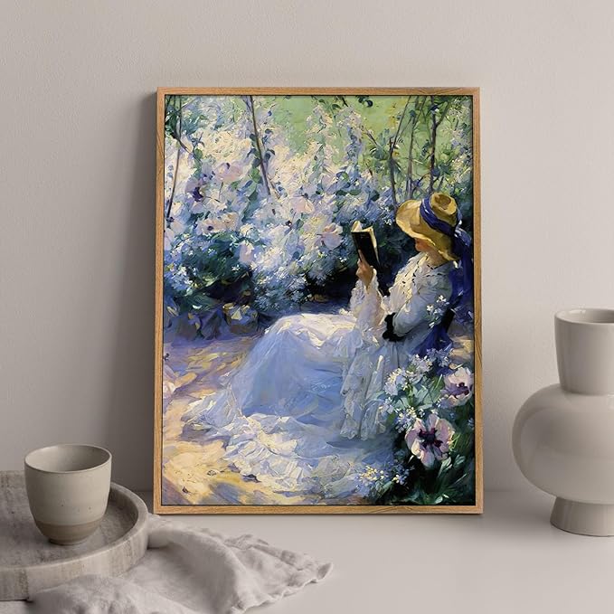 Rustic Wildflower Print Women French Painting Vintage Victorian Wall Art Purple Flower Artwork Vintage Women Picture Woman Reading Wall Art Farmhouse Women Painting Purple Landscape Picture 8x10in Framed