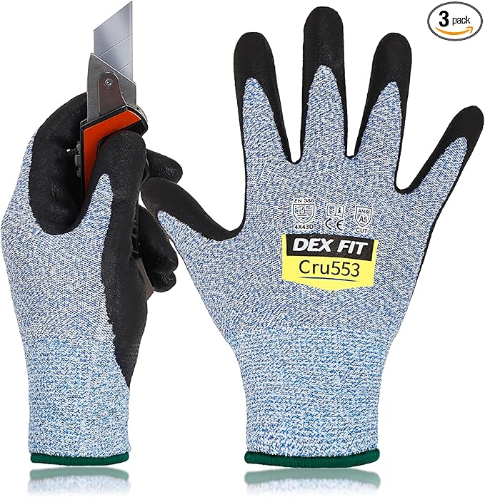 DEX FIT Level 5 Cut Resistant Gloves Cru553, 3D-Comfort Fit, Firm Grip, Thin & Lightweight, Touch-Screen Compatible, Durable, Breathable & Cool, Machine Washable; Blue M (8) 3 Pairs
