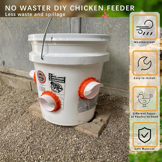 DIY Chicken Feeders No Waste, Automatic Poultry Feeder 6 Ports 1 Hole Saw with Covers Gravity Feed Kits for Buckets Barrels Bins Troughs （Orange）