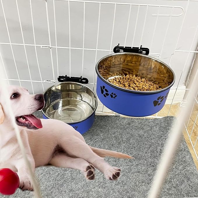 Dog Crate Food and Water Bowl 2Pcs Small Pet Hanging Kennel Removable Dish Feeding Cup with Holder for Medium Large Size Cat Puppy (Blue, 5.5''X2.3''&6.3‘’X2.5'')