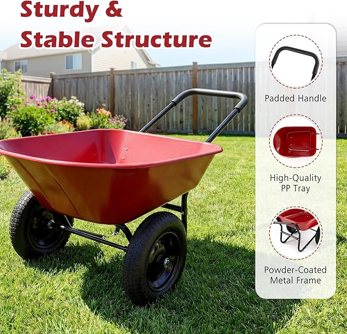 IRONMAX Dual-Wheel Wheelbarrow, Heavy Duty Wheel Barrel with All-Terrain Wheels, 330 LBS Utility Yard Cart with Built-in Stand, Outdoor Gardening Carts for Lawn, Farm, Planting (Red)