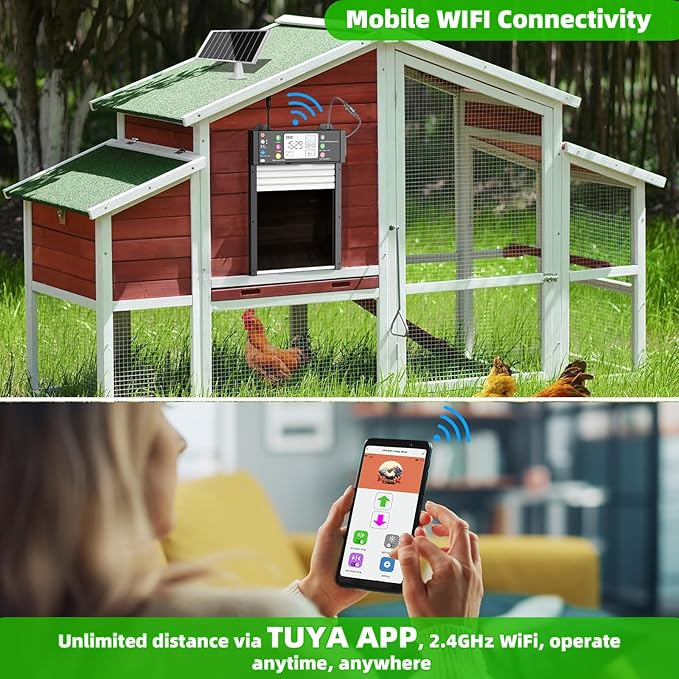 Automatic Chicken Coop Door, Tuya App Remote Control, Door Status Detection, WiFi Reconnection, Auto Chicken Door Solar with Light Sensor, Timer, Anti-Pinch, 4000 mAh Battery, LCD Displayer