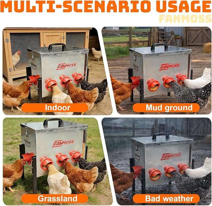 60lb Automatic Chicken Feeder, 8 Ports No Waste Chicken Feeder with Viewing Window, Locking Lid, Adjustable Legs & Waterproof Silo, Large Metal Poultry Feeder for Hens, Ducks, Geese, Poultry