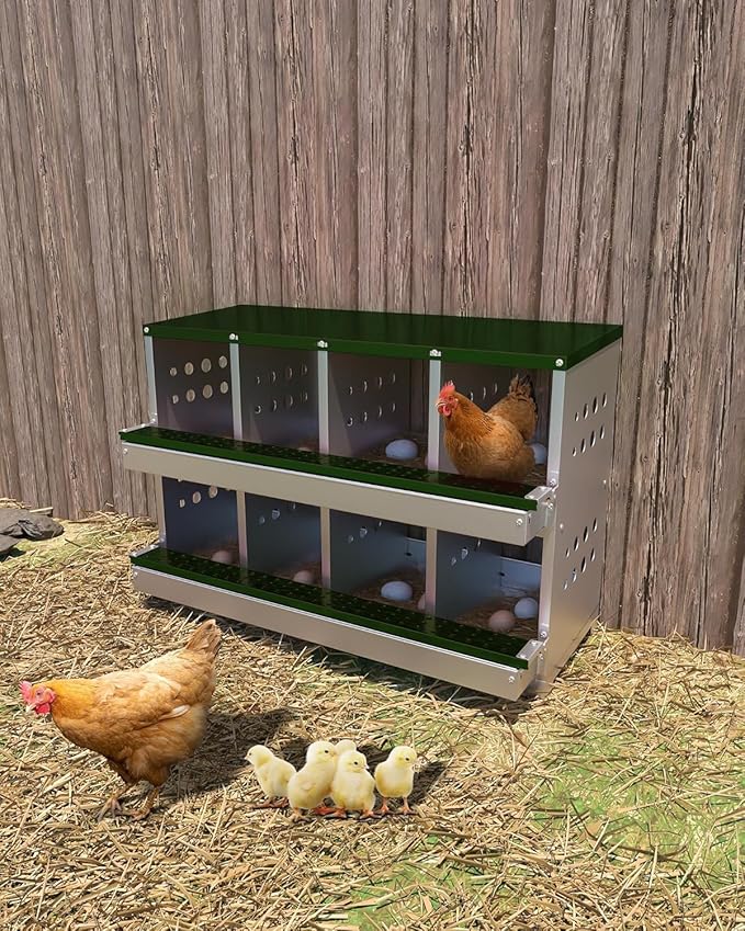 8-Hole Galvanized Metal Chicken Nesting Box with Egg Collection Tray/Fake Training Eggs, Rustproof Poultry Laying Box with Perch Rod,for Chicken Coops and Hens