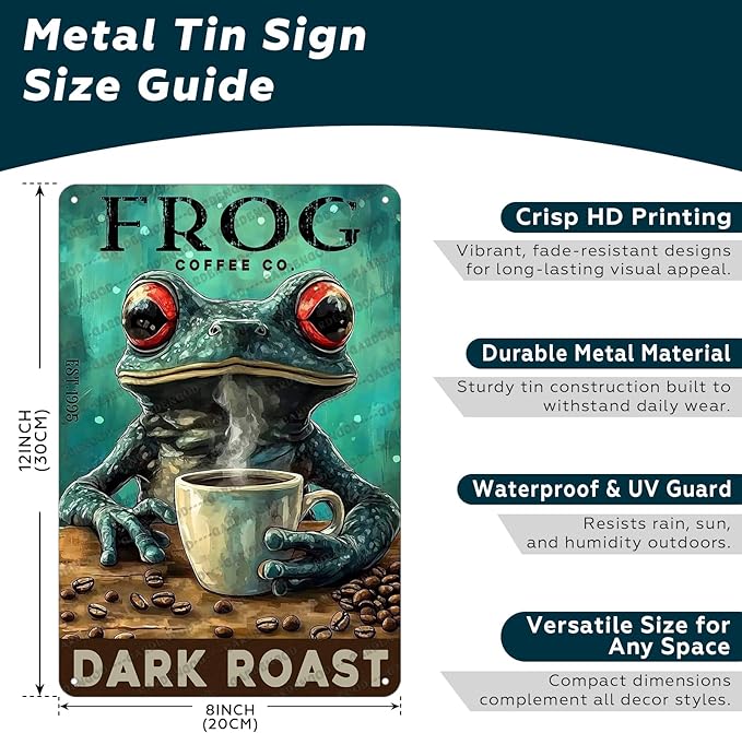 Coffee Themed Metal Tin Sign Frog Retro Wall Art Vintage Kitchen Decor Rustic Bar Cafe Tin Plaque Iron Painting 12x8 Inch
