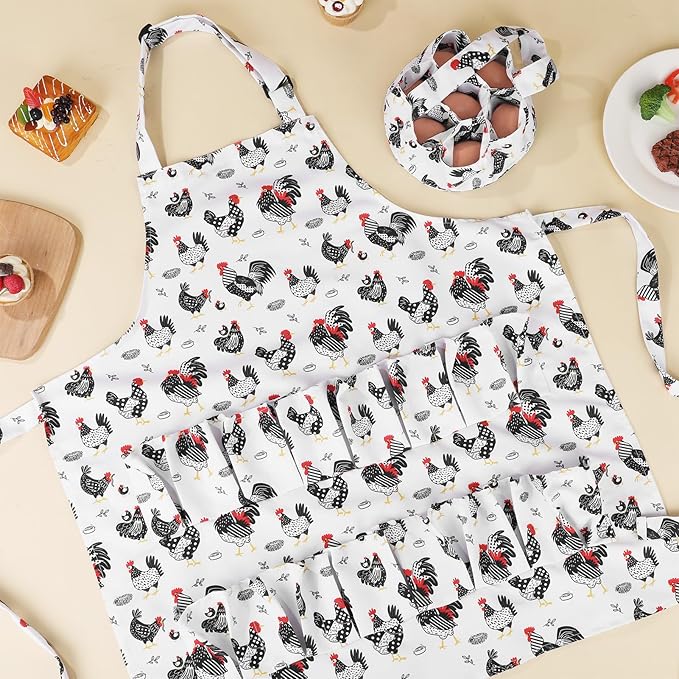 Egg Collecting Apron and Basket, 14 Pouches Chicken Egg Apron with 7 Pouches Basket, Aprons for Fresh Eggs for Chicken, Duck, Goose, Bird, Various Poultry Collection