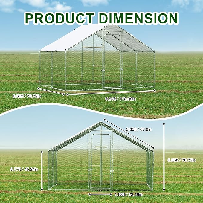 Large Metal Chicken Coop Heavy Duty Chicken Pens Outdoor with Top Walk in Poultry Cage Chicken Run Dog Kennel with Water Resident and Anti-UV Cover for Yard with Cover Duck Rabbit Cage