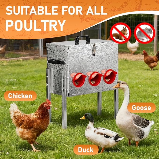 Outvita 40 lb Metal Chicken Feeder with 6 No-Waste Ports, Heavy-Duty Outdoor Chicken Feeder Box with Locking Lid & Handle for Chickens Duck Bantams Pheasants Poultry Backyard Chicken Coop