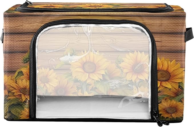xigua Wood Grain Sunflower Clothes Storage Bins with Hold Shape Metal Frame, 2 Opening Ways Foldable Clothes Organizer Box with Clear Window & Handles for Seasonal Clothing
