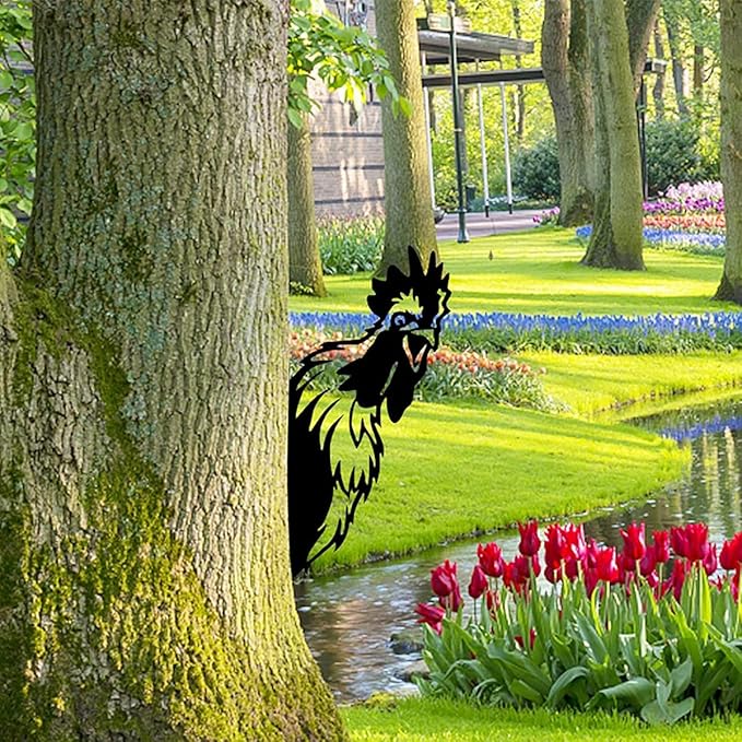 Farm Peeping Chicken Metal Art Outdoor Decor Garden Fence Decoration, Farmhouse Backyard Hang Artwork Wall Decor, Outdoor Yard Patio Lawn Statue Gift for Loved Dad Grandpa (Chicken)