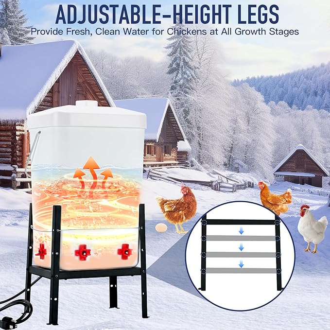 Heated Chicken Waterer, Thermostatic Water Heater 3 Gallon, 4 Horizontal Nipples, 5FT Power Cord, Detachable Legs, Outdoor Winter-Proof Poultry Water Heater for Chickens, Ducks, Geese