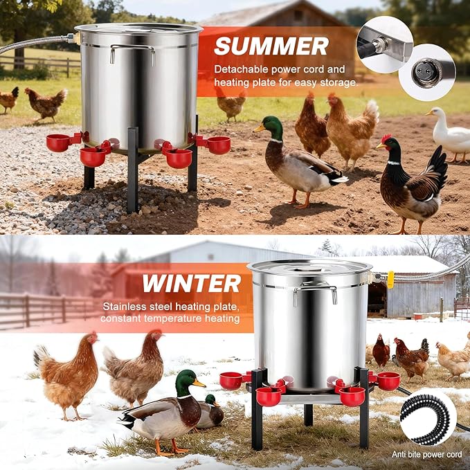Heated Chicken Waterer 5 Gallon for Winter Automatic Chicken Water Bowl Heater Poultry Duck Drinker Watering System Chicken Coop Accessories