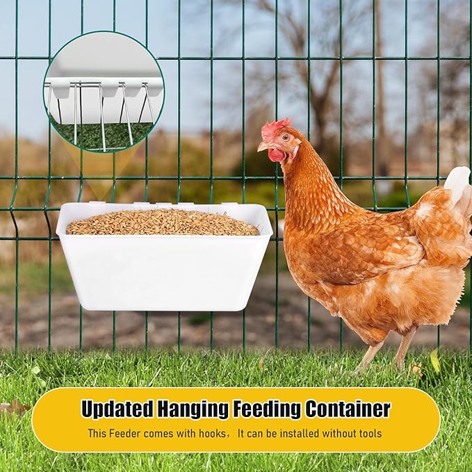 2 Pack Chicken Feeder Waterer,2.5 Quart Hanging Chicken Feeder Trough with Hooks Versatile Feeding Container for Chicken Duck Goose Rabbit Duck Feeder Poultry and Livestock Water Trough（White）
