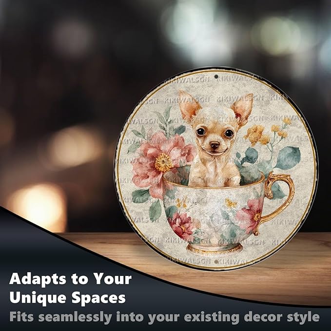 Vintage Chihuahua Round Metal Sign Retro Tea And Flower Tin Sign Nostalgic Dog Lovers Wall Decor Decorations for Home Bedroom Living Room Cafe Bar Garden Plaque Yard 8 * 8 In