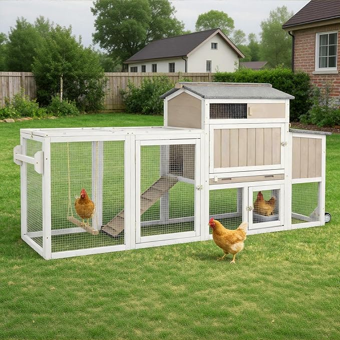 Chicken Coop Mobile Wooden Hen House with Nesting Box,83.2" L Outdoor Chicken House with 2 Wheels and Removable Tray,Fir Wood Chicken Tractor with 6 Ventilation Door and 1 Ramp,Grey