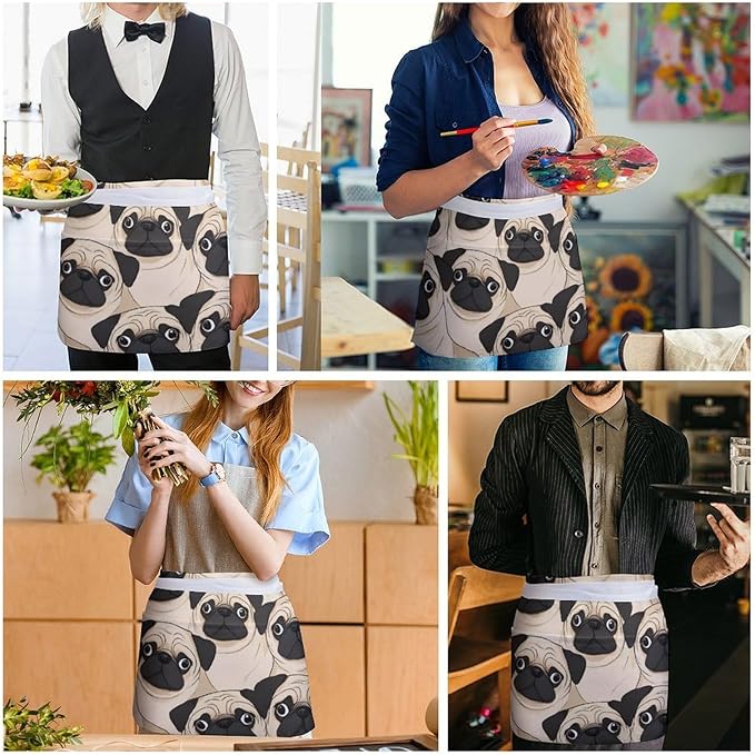 Unisex Apron for Cooking Server Waitress Half Waist Apron with 3 Pockets