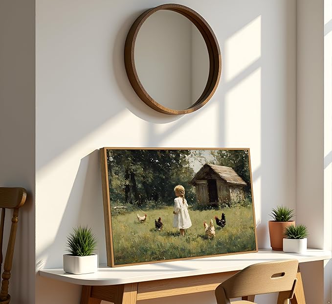 Framed Farm Girl Wall Art Vintage Farmhouse Kitchen Canvas Prints Rural Chicken Picture Artwork French Country Painting Wall Decor for Bedroom Living Room 16x24in