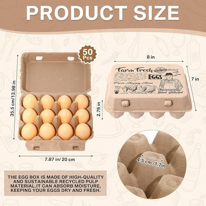 Honeydak 100 Pcs Egg Cartons Bulk 12 Count 3x4 Style Pulp Paper Egg Tray Dozen Reusable Container Holder Storage Box for Supermarkets Fresh Kitchen Vegetable Family Farm Markets