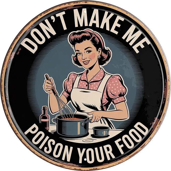 Poison Your Food Metal Sign 8x8in Round Humorous Plaque for Kitchen Wall Decor Chef Gift