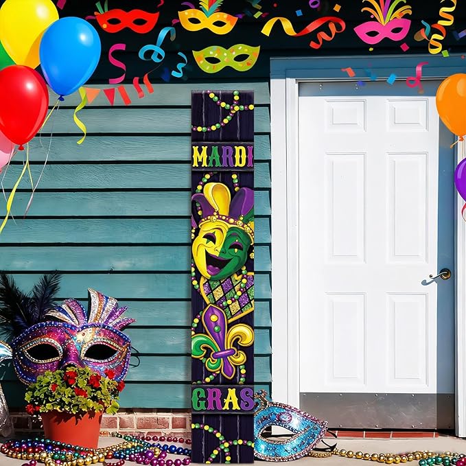47" Large Mardi Gras Porch Sign Carnival Welcome Sign Mask Wooden Tall Carnival Porch Decor Rustic Farmhouse Front Door Decor for Mardi Gras Party Holiday Outdoor Home Yard Entryway Gift