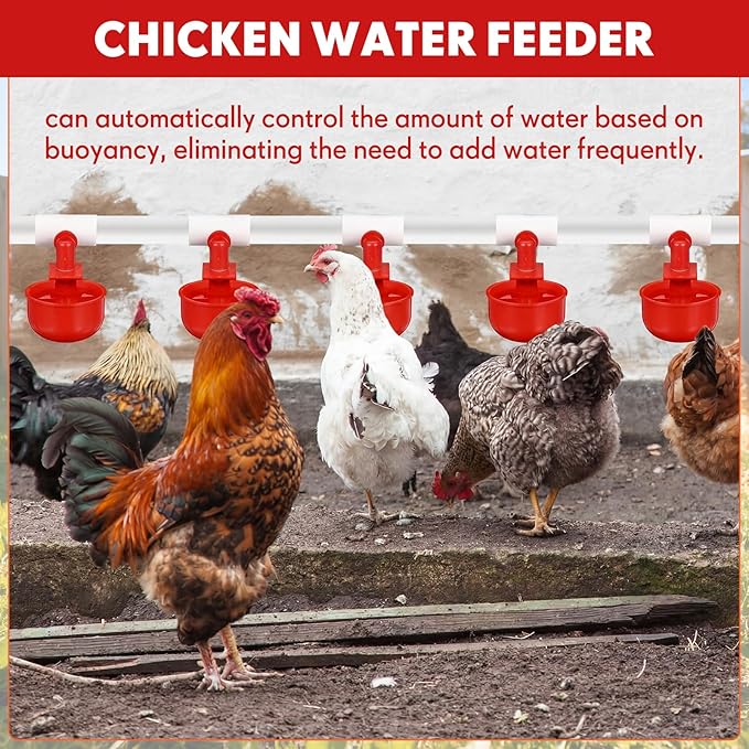 LemonRoad 30 Set Automatic Chicken Waterer Cups with 1/2" PVC Tee Fitting Chicken Drinking Bowl, Poultry Drinker Mounting Hole Opener,Water Dispenser Feeder for Duck, Goose, Turkey, Pigeon(Red)