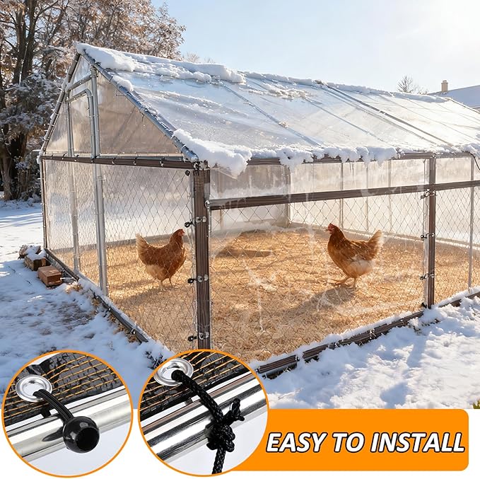 6.6 x 13 FT Waterproof Chicken Coop Cover for Winter, Durable Easy Install Chicken Run Tarp with Rope & Cable Tie, Chicken Coop Insulation Windproof Winterizing Cover for Large Cage Walk-in Run