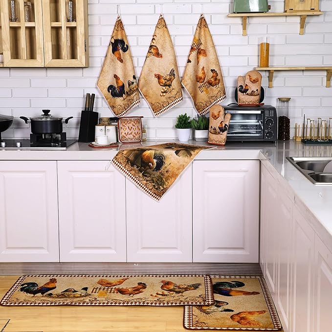 10 Pcs Rooster Chicken Kitchen Dish Towels Rugs Oven Mitts and Pot Holders Sets Farmhouse Rustic Rooster Kitchen Decor Set for Cooking Baking Grilling Women Mom Gift(Brown)