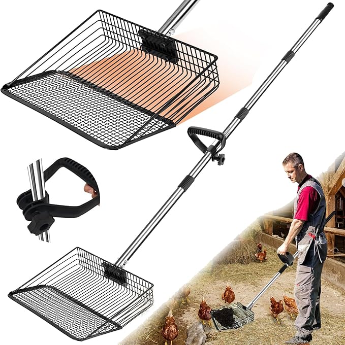 12" Metal Chicken Poop Scooper Rake for Sand with 24 to 68" Handle, Adjustable Chicken Poop Scooper for Poop, Wide 10”Poop Shovel Cleaning Tools, Heavy Duty Sifting Shovel (Black)