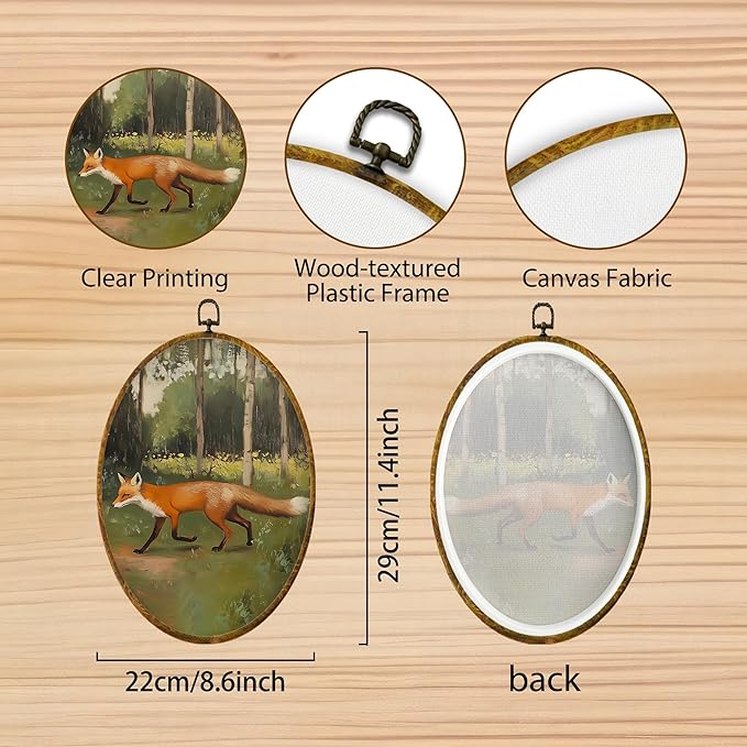 Hiuwevt Rustic Forest Fox Oval Wall Art Decor, Nature Woodland Fox Framed Canvas Prints, Mild Wildflower Grass Wild Animal Oval Wall Hanging Decor for Home Bedroom Decorations, 8.6x11.4 Inches