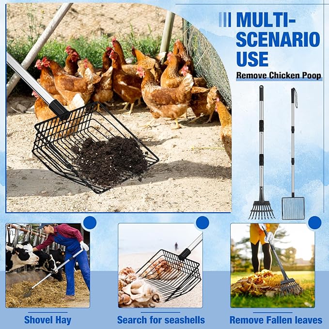 3 Pack Chicken Poop Scooper and Rake Anti Slip Dots Gloves Set Retractable 3 in 1 Litter Sifting Shovel Detachable Chicken Coop Cleaning Tools