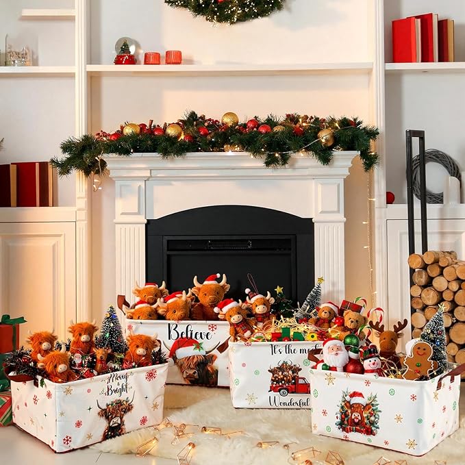 CHENGU 6 Pack Christmas Storage Basket Collapsible Christmas Basket for Gifts Highland Cow Holiday Decor Large Red Truck Bin Foldable Xmas Tree Box with Handle for Bedroom Office Home