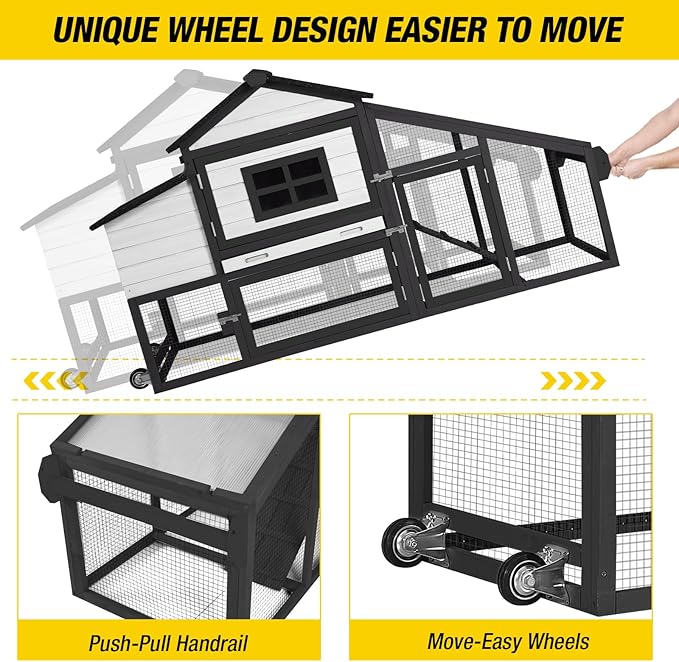 Aivituvin Chicken Coop Outdoor with Wheels, Mobile Hen House Wooden Poultry Cage with Run & Waterproof Roof (Black with White)
