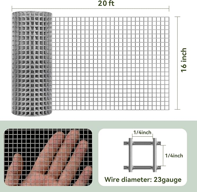 AMAGABELI GARDEN & HOME Hardware Cloth 1/4 inch 16inx20ft Galvanized After Welding 23 Gauge Square Chicken Wire Fence Mesh Roll Raised Garden Bed Plant Supports Poultry Netting Cage Snake Fence