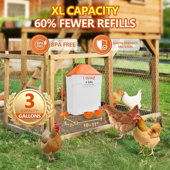 Lilyang Automatic Chicken Waterer 3 Gallon | Float-Control Auto Waterer, Hanging/Standing Design, Connect to 3/4'' Faucet & Hose, Effortless Hydration Solution for Backyard Coop & Small Farm