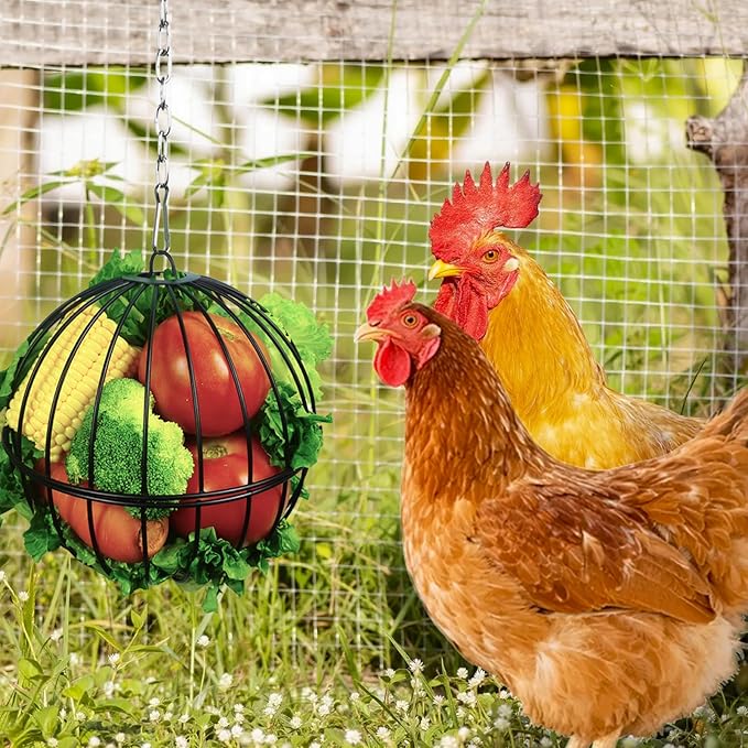 Hanging Chicken Feeder,7.4 Inch Large Chicken Vegetable Hanging Feeder,Metal Chicken Ball Cage with 19.6 Inch One Stainless Steel Chain (2 Pack)