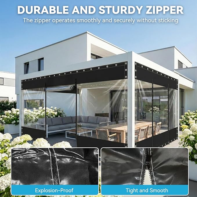 21.16oz Clear Tarps Heavy Duty Waterproof with Zipper 7(H) x10(W) ft, 19.69 MIL Patio Enclosures for Winter with Rustproof Grommets Patio Enclosure Tear-Resistant Tarpaulin for Pergola Porch, Black