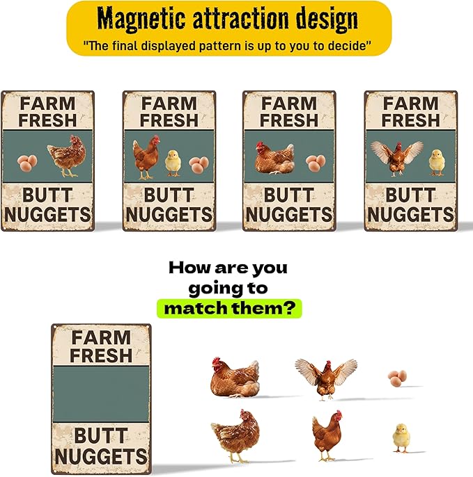 DIY Magnetic Attraction Design,Funny Chicken Tin Sign | chicken decor | Farmhouse Wall Decor, Rooster Kitchen & Bathroom Art,Metal Signs,Funny Gifts,8 * 12 Inch(Yellowish Green)