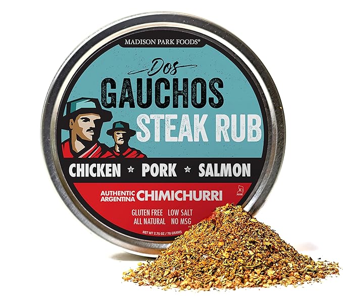 Dos Gauchos Chimichurri Steak Seasoning – Argentine Steak Rub – Keto Dry Spice Blend Marinade Mix – All Natural, Gluten-Free, Low Salt, Sugar-Free, No MSG – 2.75oz Fresh-Sealed Pouch in Reusable Tin