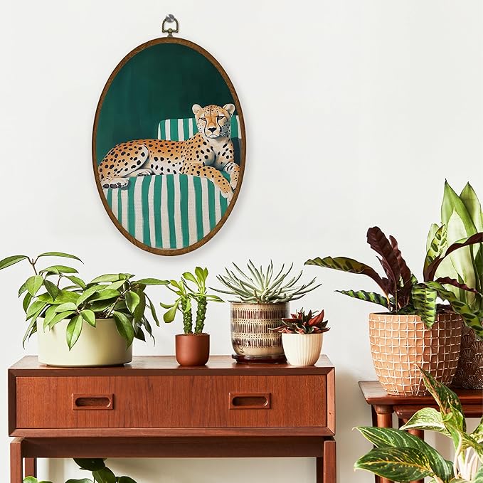 WULQYING Vintage Cheetah Sofa Wall Art Decor, Jungle Leopard Oval Framed Canvas Art Prints, Emerald Striped Sofa Animal Wall Hanging Decor for Home Living Room Gallery Apartment, 8.6x11.4 Inches