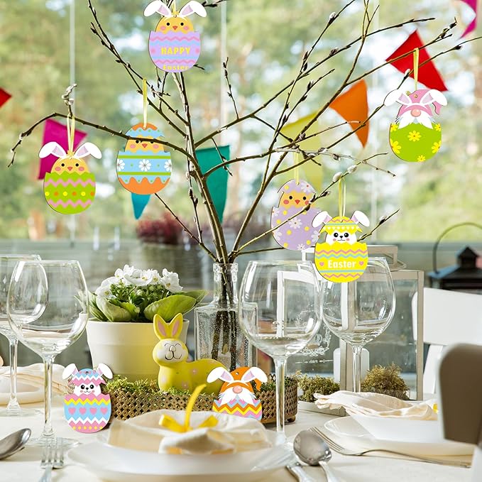 Qunclay 40 Pcs Easter Ornament Decor Easter Bunny Egg Hanging Sign for Tree Rabbit Wooden Slices Spring Wooden Cutouts with Rope for Party Home Farmhouse Indoor Outdoor(Funny Style)